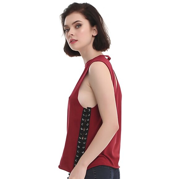 Hot Topic ✦ Red Punk V-Neck Cutout Tank Top ✦ Lace-Up Sides Alt-Core NWT Sz M - Picture 2 of 5